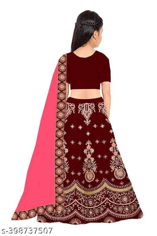 Embroidered satin and net solid lehenga choli for kids, short sleeves, Indian traditional wear