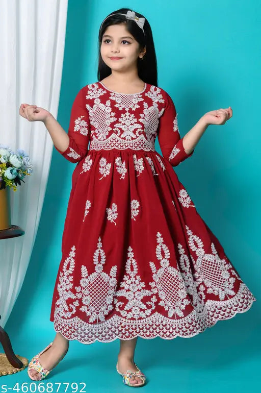 Indian embroidered net polyester kids' gown, traditional ethnic wear for festivals or special occasions