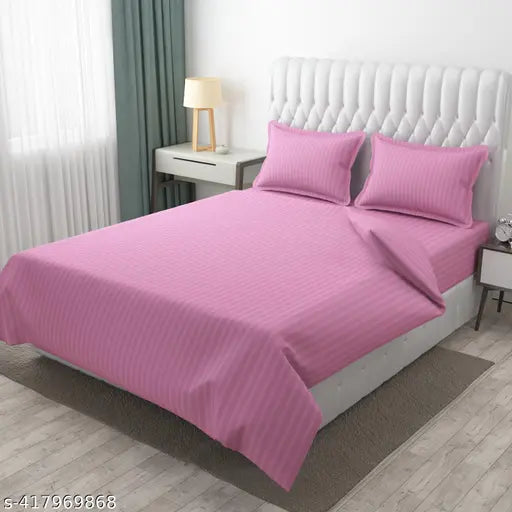 Stylish striped cotton fitted bedsheet, premium glace fabric, ideal for summer, adult-sized (90x100), includes 2 pillow covers, manufactured in India