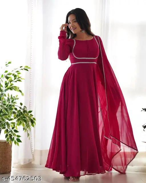 Maroon Georgette Gown, elegant long-sleeved women's party wear in solid pattern (India)