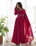 Maroon Georgette Gown, elegant long-sleeved women's party wear in solid pattern (India)