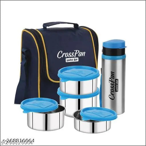 Stainless steel CrossPan Signature leakproof lunch box set with bag, features 4 containers, water bottle, utensils. Eco-friendly, lightweight, unbreakable, dishwasher safe, food grade material
