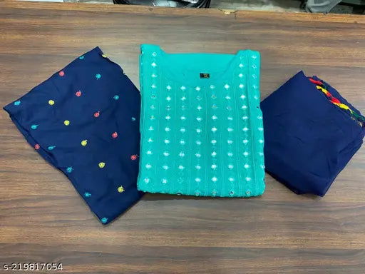 Women's mirror work embroidered Patiala Kurti and Chiffon Dupatta set, fine embroidery on three-quarter sleeve kurti and all over embroidery on patiala. Indian handcrafted, XS to XXXL sizes available