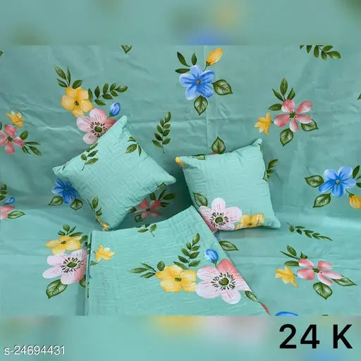 Microfiber queen-size trending double bedsheet set (1+2+2), includes 2 pillow covers and 2 cushions - soft glace cotton design, India origin