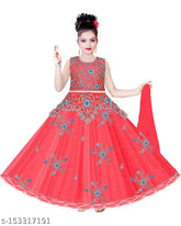 Embroidered net lehenga gown for girls, Indian ethnic wedding party dress with dupatta, size 3-4 years (21in waist, 32in length)