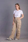 Beige cotton blend Korean cargos for women - solid net, one pair in L or XL size, made in India