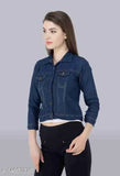 Blue denim jacket for women, solid design with embellished pearl front, new trending style with two pockets, by Saman Fashion Wear (India)