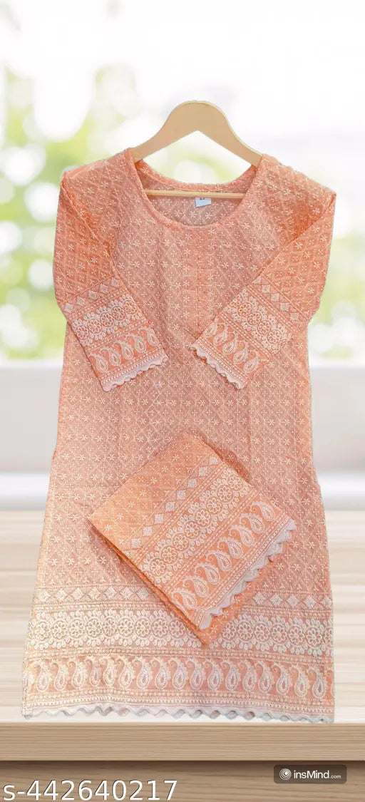 Cotton A-Line Kurta Set with Pants, printed net, three-quarter sleeves. Elevate your traditional fashion with this chic women's ethnic wear for all occasions. #WomensKurtaSet #EthnicWear #TimelessElegance