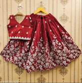 Maroon taffeta silk lehenga choli for kids with cotton blend, short sleeves, embroidered net - party wear for festivals and weddings