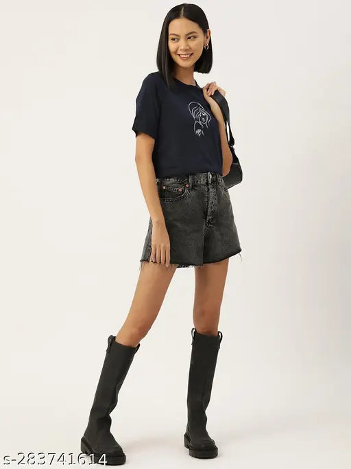 Women's black printed pure cotton t-shirt, short sleeves, round neck, knitted