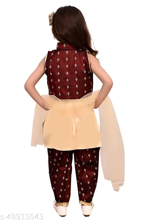 Maroon cotton blend kurta set for girls, A-line style with dupatta and sequin work, pack of 1, Indian traditional wear