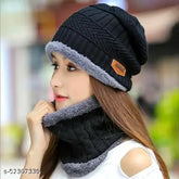 Black wool beanie cap & scarf combo (1 set), premium imported snow-proof inside fur, unisex warm winter accessory