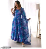 Stylish long-sleeved printed net Georgette gown for women (N), India