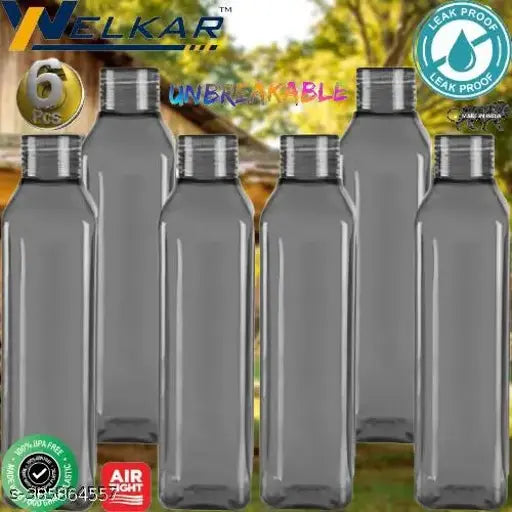 Black, food-grade plastic fridge water bottle combo for home, office, gym & school (6 pack, 1L each). Freezer safe, leak-proof, easy-pour design. BPA-free, eco-friendly hydration solution