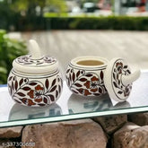 Malaikah Brown hand-printed ceramic pickle jar set (pack of 2), white, 10cm x 10cm x 10cm, ideal gift for family, Indian origin