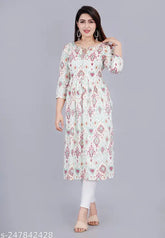 Rayon three-quarter sleeve mirror work Nayra cut kurti, printed combo - Indian women's fashion