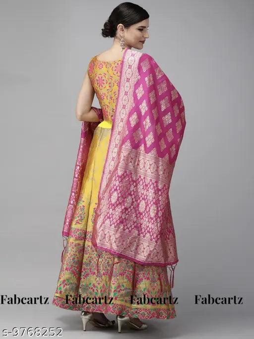 Gold-embroidered, free size Banarasi silk lehenga choli with matching dupatta - Indian bridal wear