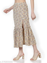 Floral printed polyester midi skirt with side slit & ruffles, elastic waistline. Sizes: 32 (30/28/42), 34 (32/28/44). Indian made