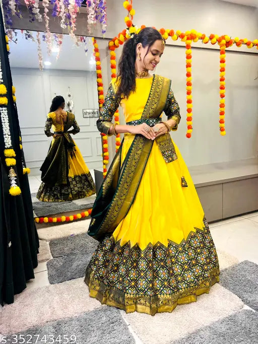 South Indian art silk semi-stitched half saree with lehenga dhavani style, vibrant colors on display