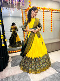 South Indian art silk semi-stitched half saree with lehenga dhavani style, vibrant colors on display