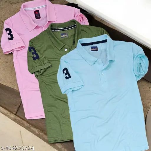 Mens solid cotton blend polo t-shirts, casual wear in pack of 3, M to XXL sizes with striped half sleeves & regular fit