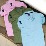 Mens solid cotton blend polo t-shirts, casual wear in pack of 3, M to XXL sizes with striped half sleeves & regular fit