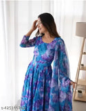 Georgette three-quarter sleeve Medha gown dupatta set, printed Indian bridal wear on display stand (S-XXL sizes available)