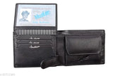 Genuine black leather men's wallet by SHUBHAM, featuring 6 card slots, 2 currency pockets, 3 secret compartments, and coin pouch. Durable polyester lining for added comfort. Perfect gift for men this festive season. Made in India