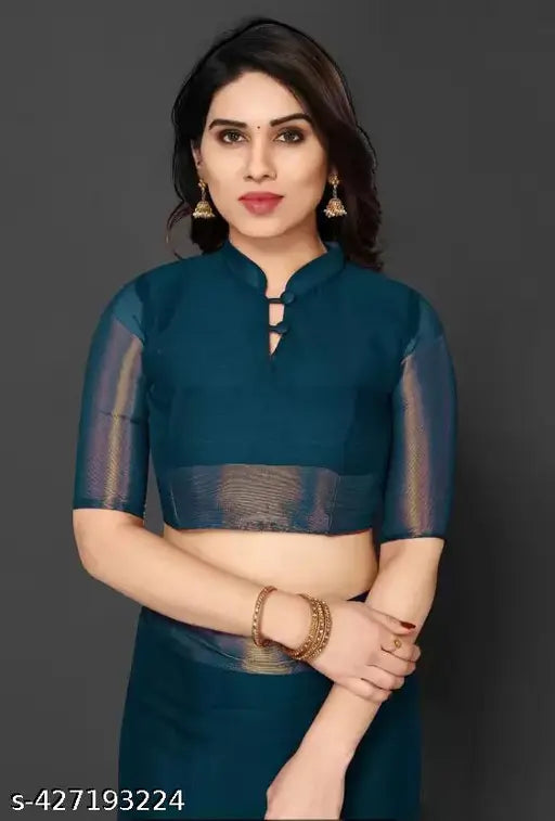 PetrolBlue SouthChiffon Kerala Sari by Shree Hans Fashion - solid pattern chiffon saree with running blouse, free size, origin India