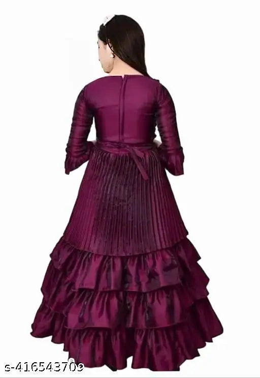 Purple silk ethnic grown dress, three-quarter sleeves, 4-11 years sizes available. Soft and smooth blend fabric for parties, festivals, weddings, or functions. Made in India