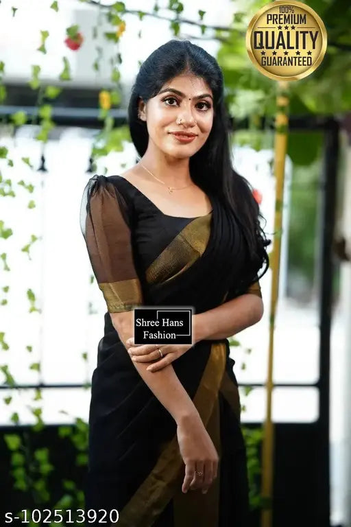Black chiffon saree with solid pattern, special edition by Shree Hans Fashion, India