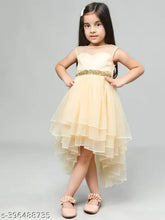 Golden net sleeveless hi-low embellished party dress for 2-3 years, Indian handmade children's fashion