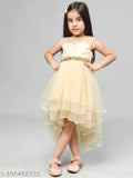 Golden net sleeveless hi-low embellished party dress for 2-3 years, Indian handmade children's fashion