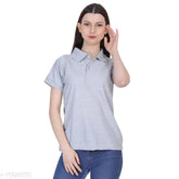 Grey cotton blend poloneck t-shirt for women on hanger