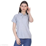 Grey cotton blend poloneck t-shirt for women on hanger