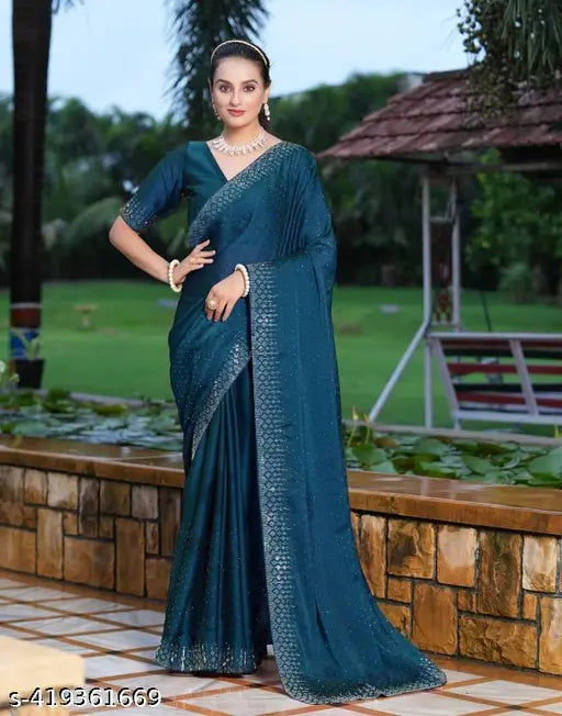 Georgette silk saree with unstitched blouse piece, adorned with Swarovski crystals, Indian craftsmanship, free size