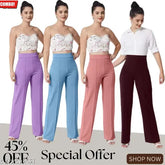 Purple stretch high-waisted bell bottom trousers, black blouse, special offer 40% discount