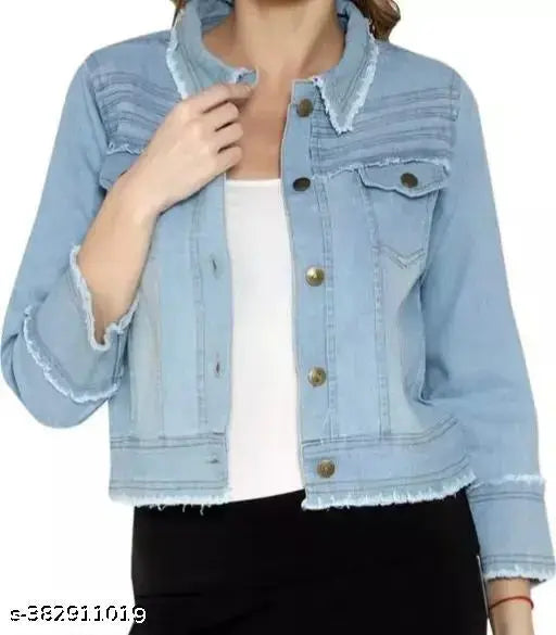 Light blue denim kids jacket with long sleeves, solid striped pattern, suitable for ages 12-16 years