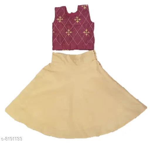 Kids silk blend lehenga choli set in golden and maroon, embroidered with Indian ethnic patterns