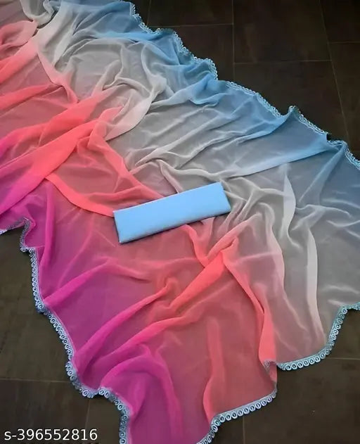 White Georgette Mill Print Saree with Separate Silk Blouse, trendy Bollywood fashion