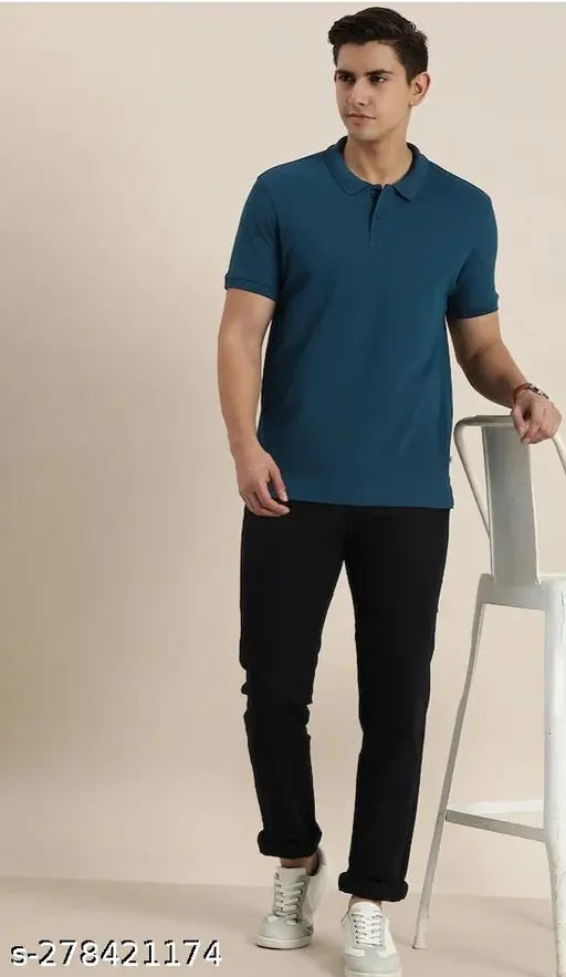 Airforce blue cotton blend men's polo neck t-shirt, 180 gsm durable fabric with wrinkle-free finish, solid design in short sleeves size M (38in chest), L (40in chest), XL (42in chest)