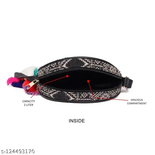 Canvas sling bag with pompoms, printed net pattern, 1 compartment, lightweight and durable, eco-friendly cotton, free size, Indian-made