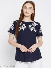 Rayon embroidered top with short sleeves, intricate patterns, multiple colors, XS to XXL sizes, India origin