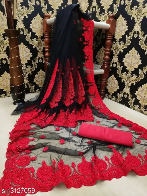 Indian net saree with solid satin running blouse, embroidered pattern on free size