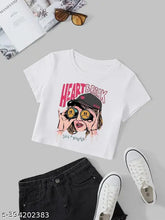 White polyester crop top with printed net design for girls, short sleeves and round neck style