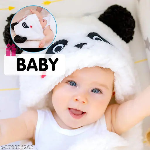 Soft white fleece hooded baby blanket (86x82cm), ideal for newborns during heavy winter. Featuring an adorable animal design and easy-to-use hood. Made with high-quality, durable materials in India