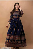 Blue rayon printed gown with three-quarter sleeves, new style from India