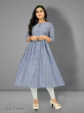 Traditional blue cotton Anarkali printed kurti for women, festive wear with three-quarter sleeves and striped print design. Perfect for casual, office, kitty parties, weekends, Raksha Bandhan. Lightweight cotton ensures comfort