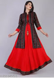 Rayon Anarkali Kurti Set, cotton-rayon women's kurti with shrug, three-quarter sleeves, printed design, India origin