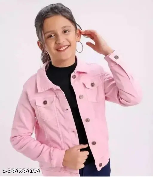 Pink Kids Denim Jacket, solid stretchable full sleeves, long sleeve, solid pattern, perfect for girls' outfits (5-6Y, 7-8Y, 9-10Y, 11-12Y), handcrafted in India